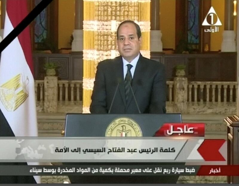 Egyptian President Abdel Fattah Al Sisi gives a televised statement on the attack in North Sinai, in Cairo, Egypt November 24, 2017 in this still taken from video. EGYPT STATE TV/ via REUTERS    THIS IMAGE HAS BEEN SUPPLIED BY A THIRD PARTY. NO RESALES. NO ARCHIVES. EGYPT OUT. BROADCASTERS: NO ACCESS EGYPT DIGITAL: NO ACCESS EGYPT. FOR REUTERS CUSTOMERS ONLY.