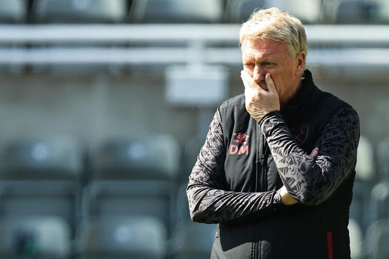 West Ham United's Scottish manager David Moyes reacts prior to the English Premier League football match between Newcastle United and West Ham United at St James' Park in Newcastle-upon-Tyne, north east England on April 17, 2021. RESTRICTED TO EDITORIAL USE. No use with unauthorized audio, video, data, fixture lists, club/league logos or 'live' services. Online in-match use limited to 120 images. An additional 40 images may be used in extra time. No video emulation. Social media in-match use limited to 120 images. An additional 40 images may be used in extra time. No use in betting publications, games or single club/league/player publications.
 / AFP / POOL / Dave ROGERS / RESTRICTED TO EDITORIAL USE. No use with unauthorized audio, video, data, fixture lists, club/league logos or 'live' services. Online in-match use limited to 120 images. An additional 40 images may be used in extra time. No video emulation. Social media in-match use limited to 120 images. An additional 40 images may be used in extra time. No use in betting publications, games or single club/league/player publications.
