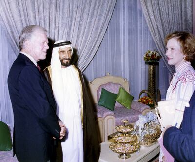 Former US president Jimmy Carter and his wife Rosalynn with UAE Foundinf Father Sheikh Zayed, in the '90's. 