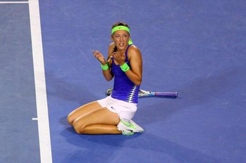 MELBOURNE, AUSTRALIA - JANUARY 28:  Victoria Azarenka of Belarus celebrates winning championship point after winning her women's final match against Maria Sharapova of Russia during day thirteen of the 2012 Australian Open at Melbourne Park on January 28, 2012 in Melbourne, Australia.  (Photo by Mark Kolbe/Getty Images)