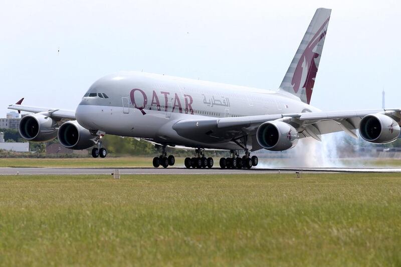 A Qatar Airways Airbus A380, the world’s largest aircraft, touches down at Le Bourget airport one day before the opening of the Paris Air Show on June 14, 2015. Pascal Rossignol / Reuters