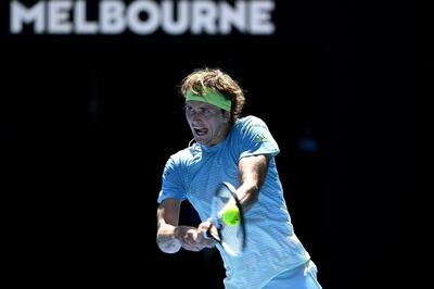 epa06442182 Alexander Zverev of Germany in action against Thomas Fabbiano of Italy during round one of the Australian Open tennis tournament in Melbourne, Victoria, Australia, 16 January 2018.  EPA/JOE CASTRO  AUSTRALIA AND NEW ZEALAND OUT