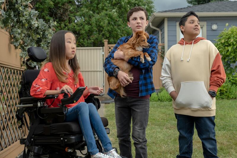 The show follows Dude the dog and three school friends, from left, Amara (Sophie Kim), Noah (Jace Chapman) and Simon (Mauricio Lara). Courtesy Netflix