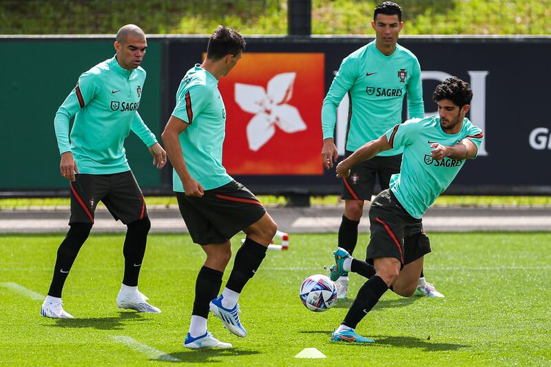 Left to right: Pepe, Joao Palhinha, Cristiano Ronaldo and Goncalo Guedes. EPA
