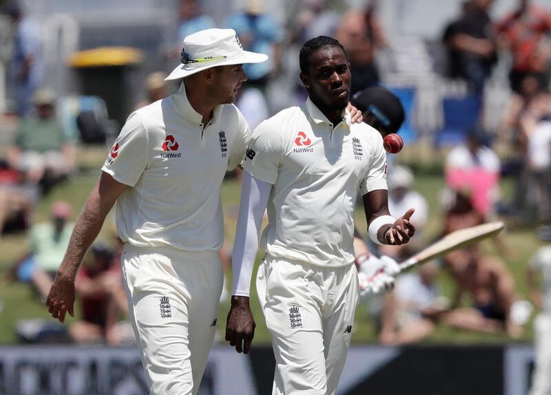 Stuart Broad and Jofra Archer during the first Test against New Zealand in Mount Maunganui in November 2019. AP