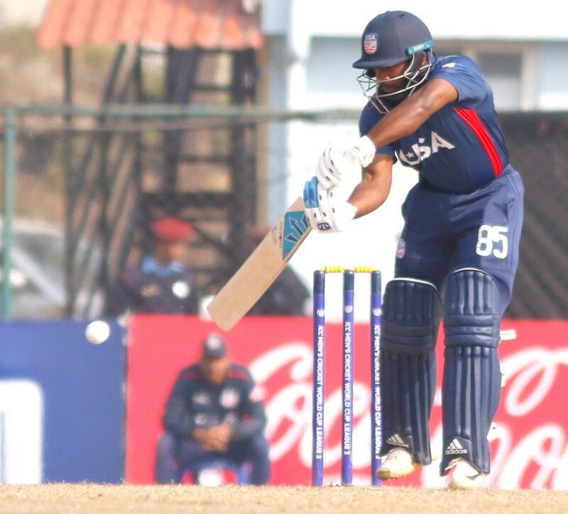 Aaron Jones of USA bats during the ICC Cricket World Cup League 2 match between USA and Oman at TU Cricket Stadium on 6 February 2020 in Nepal