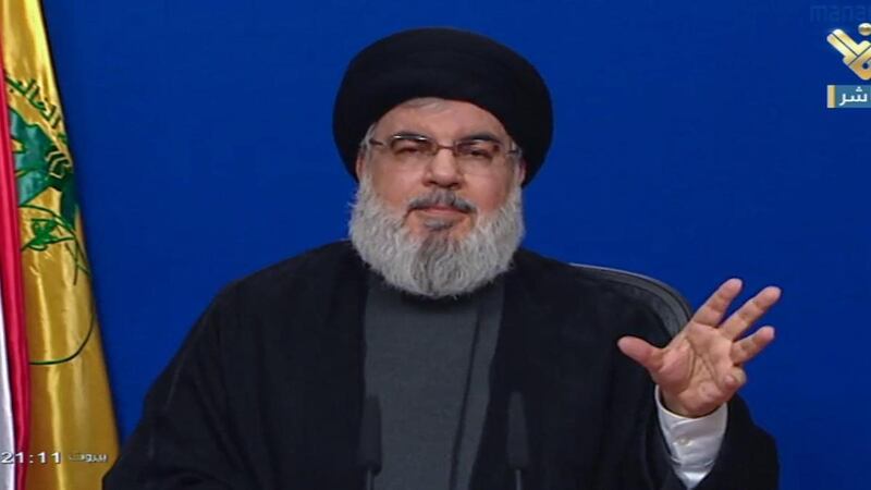 Hezbollah's Secretary General Hassan Nasrallah delivers a speech on Al-Manar TV. EPA