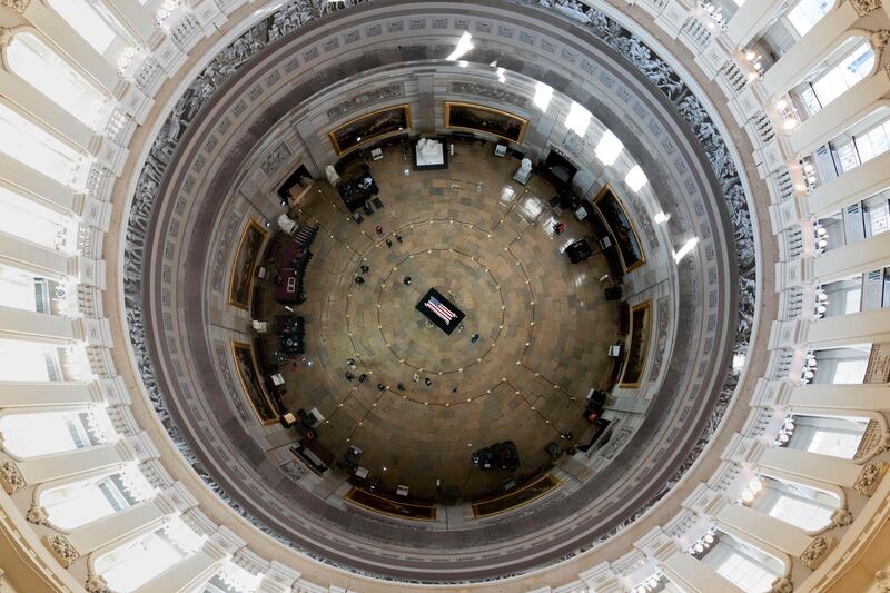 The casket of former Senator Harry Reid (D-NV) lies in state in the Rotunda of the US Capitol in Washington, DC. AFP