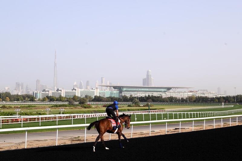 Burj Khalifa provides  the dramatic backdrop for track work ahead of the Dubai World Cup. Getty Images
