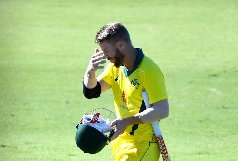 BRISBANE, AUSTRALIA - MAY 08: David Warner of Australia looks dejected after being dismissed during the Cricket World Cup One Day Practice Match between Australia and New Zealand at Allan Border Field on May 08, 2019 in Brisbane, Australia. (Photo by Bradley Kanaris/Getty Images)