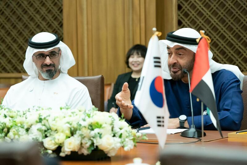 SEOUL, REPUBLIC OF KOREA (SOUTH KOREA) - February 26, 2019: HH Sheikh Mohamed bin Zayed Al Nahyan, Crown Prince of Abu Dhabi and Deputy Supreme Commander of the UAE Armed Forces (R) and HH Major General Sheikh Khaled bin Mohamed bin Zayed Al Nahyan, Deputy National Security Adviser (L), attend a meeting with HE Moon Hee-sang, Speaker of the National Assembly (not shown), at the National Assembly Building of the Republic of Korea (South Korea). 

( Hamad Al Mansoori / Ministry of Presidential Affairs )
---