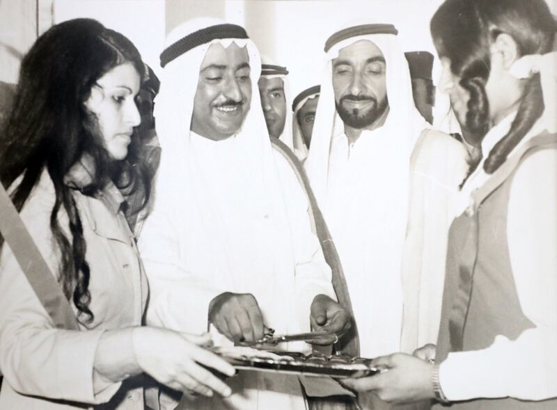 Dr Nora Al Midfa with Founding Father Sheikh Zayed and Sheikh Dr Sultan bin Muhammad Al Qasimi, Ruler of Sharjah, at the opening of Maysaloon School in Sharjah in the 1970s. Photo: Dr Nora Al Midfa