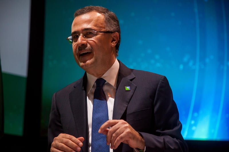 Amin Nasser, chief executive officer of Saudi Arabian Oil Co. (Aramco), stands on stage during signings of a memorandum of understanding during the Saudi-U.S. CEO Forum in New York, U.S., on Tuesday, March 27, 2018. Saudi Arabia Crown Prince Mohammed bin Salman will meet with technology titans in the U.S. this week in search of deals that would diversify his country's oil-dependent economy. Photographer: Michael Nagle/Bloomberg