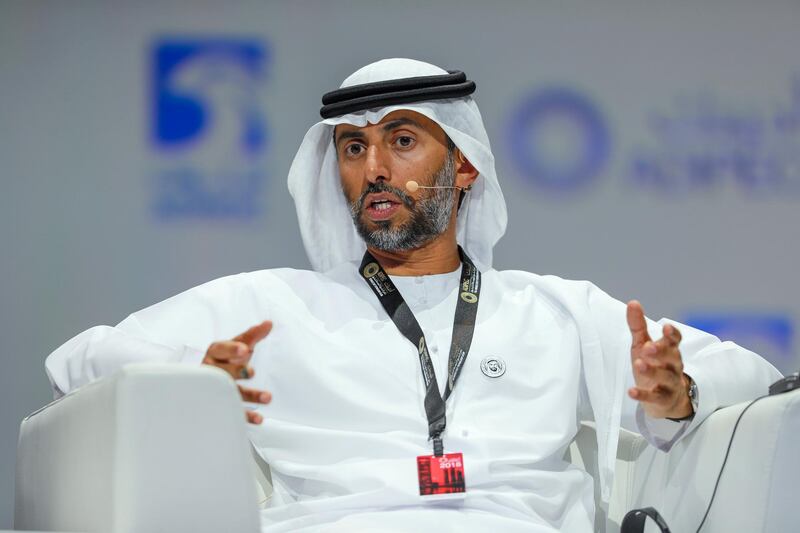 Abu Dhabi, U.A.E., November 12, 2018.  
ADIPEC day 1.  Ministerial Panel.  Reshaping markets:  continuing the global energy discussion.  H.E. Suhail Mohamed Al Mazrouei, Minister of Energy and Industry, UAE during the discussion.
Victor Besa / The National
Section:  NA
Reporter:  Jennifer Gnana