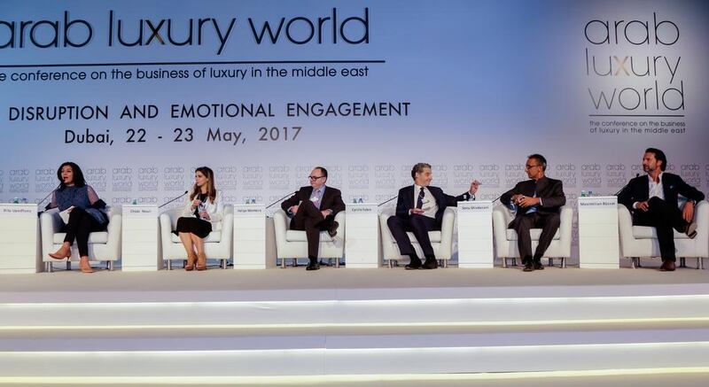 From left, WWD correspondent Ritu Upadhyay, Piaget CEO Chabi Nouri, Felipe Monteiro from Insead, Cyrille Fabre from Bain & Company, Sonu Shivdasani of Soneva luxury hotels, and Max Busser from MB&F. Courtesy Arab Luxury World 
