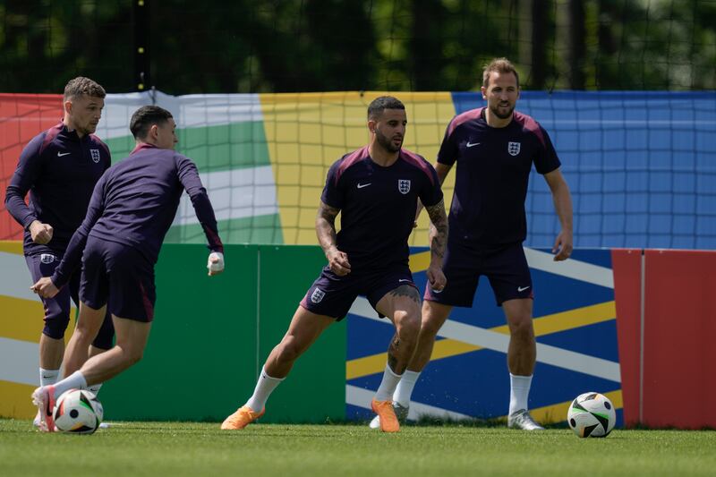Left to right: Kieran Trippier, Phil Foden, Kyle Walker and Harry Kane during training. AP