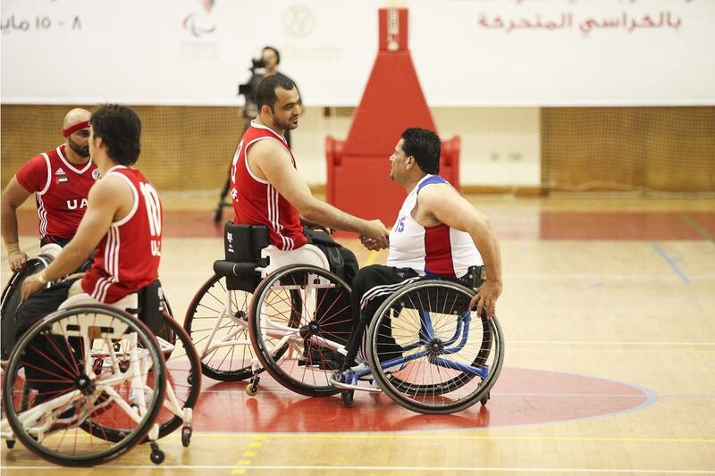 The UAE's men's wheelchair basketball team in action against Jordan at Al Ahli Sports Club in Dubai. Lee Hoagland / The National