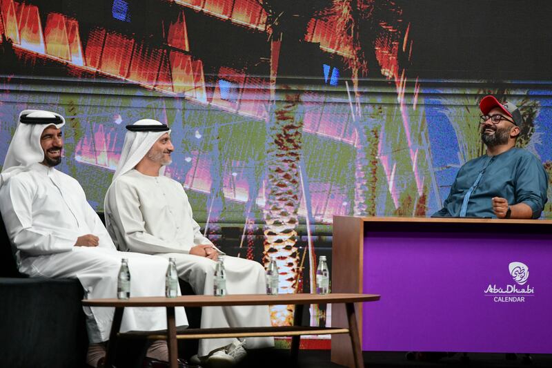 From left, Mohammad Al Zaabi, chief executive of Miral, with Saleh Al Geziry, director general of Abu Dhabi's Department of Culture and Tourism, with comedian host Ali Al Sayed during the DCT's live talk show at Manarat Al Saadiyat. All photos: Khushnum Bhandari / The National
