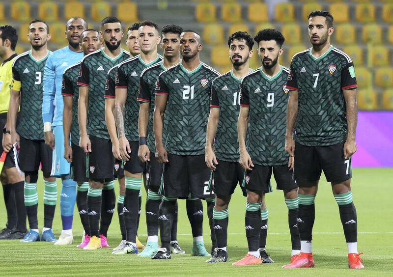 The UAE team line up before the game between the UAE and Indonesia in the World cup qualifiers at the Zabeel Stadium, Dubai on June 11th, 2021. Chris Whiteoak / The National. 
Reporter: John McAuley for Sport