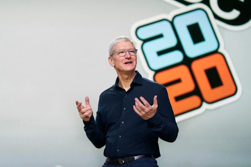 In this photo provided by Apple Inc., CEO Tim Cook delivers the keynote address during the 2020 Apple Worldwide Developers Conference , in Cupertino, Calif.   AP