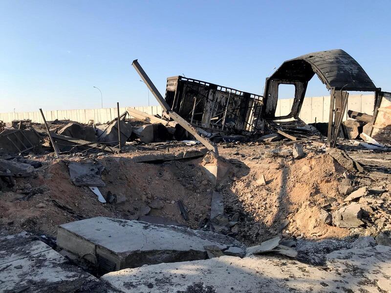 Debris and rubble are seen at the site where an Iranian missile hit at Ain al-Asad air base in Anbar province, Iraq.  Reuters