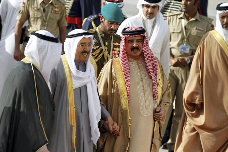 Emir of Kuwait, Sabah Al-Ahmad Al-Jaber Al-Sabah is received by Bahrain's King Hamad bin Isa Al Khalifa upon his arrival at Sakhir VIP airport to attend the Gulf Cooperation Council's (GCC) 37th Summit, Bahrain, December 6, 2016. REUTERS/Hamad I Mohammed