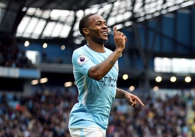 Manchester City's Raheem Sterling celebrates scoring his side's second goal of the gam,  during the English Premier League soccer match between Manchester City and Crystal Palace, at the Etihad Stadium, in Manchester, England,  Saturday, Sept. 23, 2017. (Nick Potts/PA  via AP)