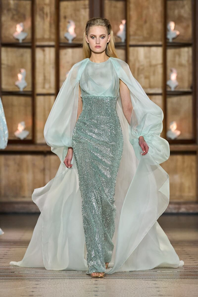 A beaded dress is softened with an overlayer of chiffon, at Rami Al Ali spring 2023 couture. Photo: Rami Al Ali