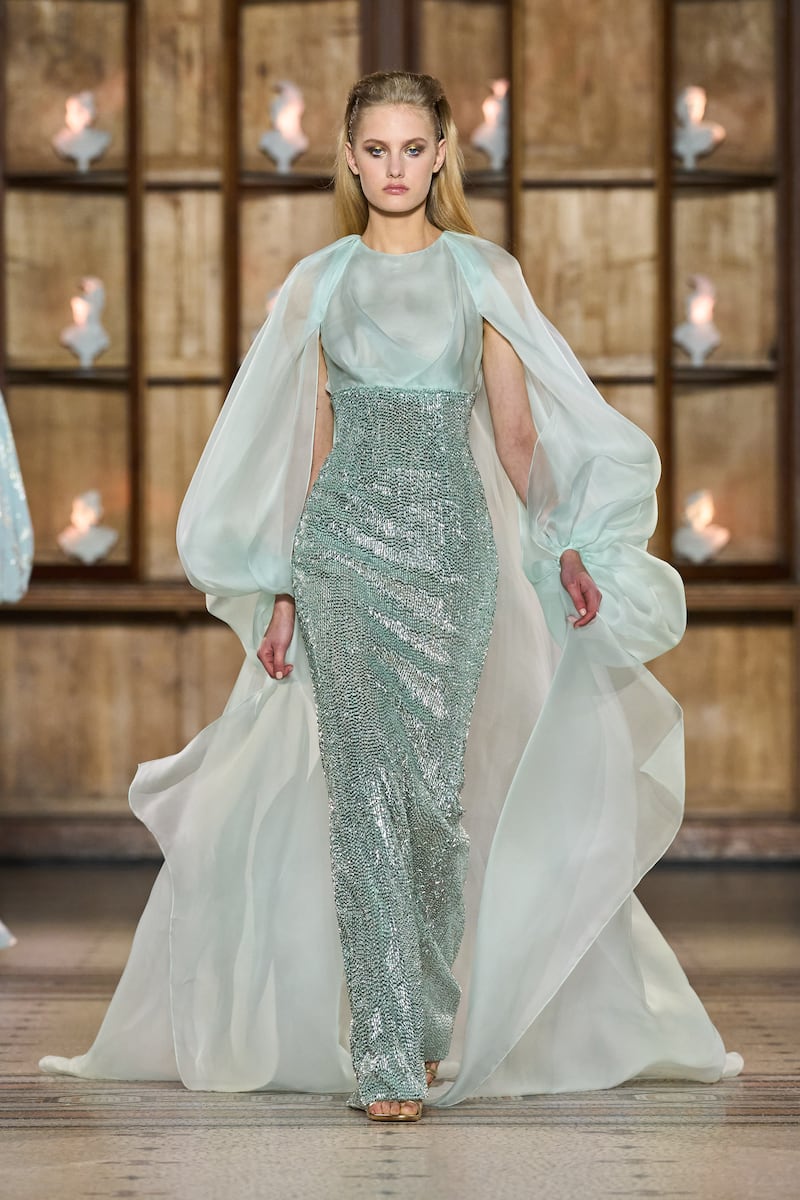 A beaded dress is softened with an overlayer of chiffon, at Rami Al Ali spring 2023 couture. Photo: Rami Al Ali