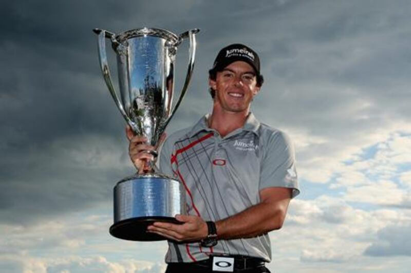 Rory McIlroy poses with his BMW Championship trophy at Crooked Stick