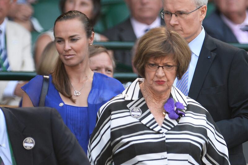 LONDON, ENGLAND - JULY 06:  Margaret Court and Martina Hingis arrive in the Royal Box on Centre Court for the Ladies' Singles final match between Sabine Lisicki of Germany and Marion Bartoli of France on day twelve of the Wimbledon Lawn Tennis Championships at the All England Lawn Tennis and Croquet Club on July 6, 2013 in London, England.  (Photo by Dennis Grombkowski/Getty Images) *** Local Caption ***  173066794.jpg