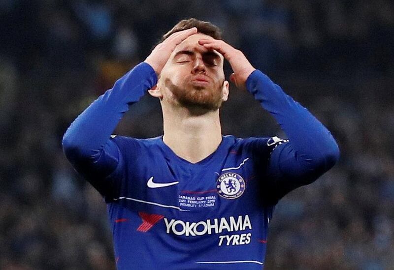 Chelsea's Jorginho reacts after missing a penalty during the shootout. Reuters