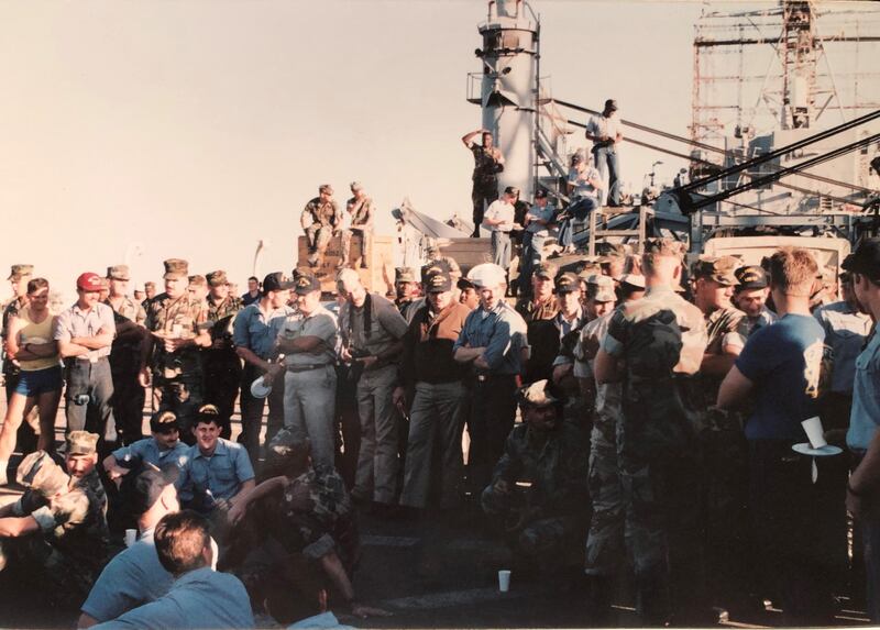 American military personnel on the USS Portland for a concert in January, 1991. Courtesy: Michelle Brown