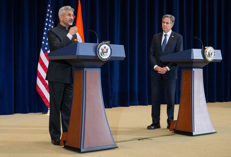 US Secretary of State Antony Blinken and Indian External Affairs Minister Subrahmanyam Jaishankar (L) hold a joint press conference following meetings at the State Department in Washington, DC, September 27, 2022.  (Photo by SAUL LOEB  /  POOL  /  AFP)
