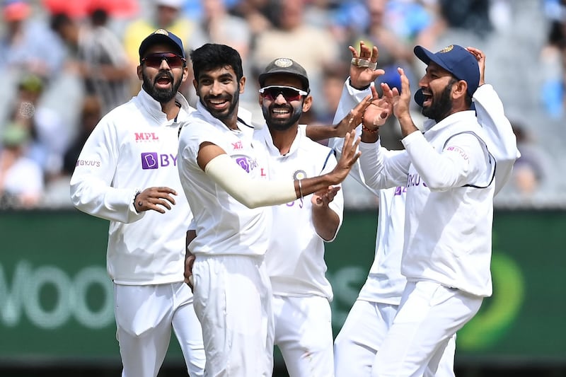 Jasprit Bumrah of India celebrates getting the wicket of Steve Smith of Australia during day three of the second Test in Melbourne. Getty