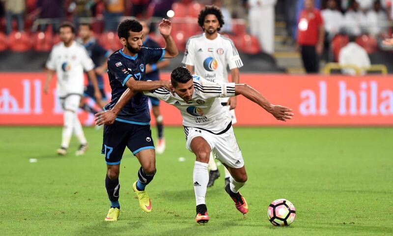 Al Jazira, in white, beat Dibba 2-0 in their Arabian Gulf League fixture at Mohammed bin Zayed Stadium in Abu Dhabi on Tuesday, November 29, 2016. Courtesy Arshad Khan