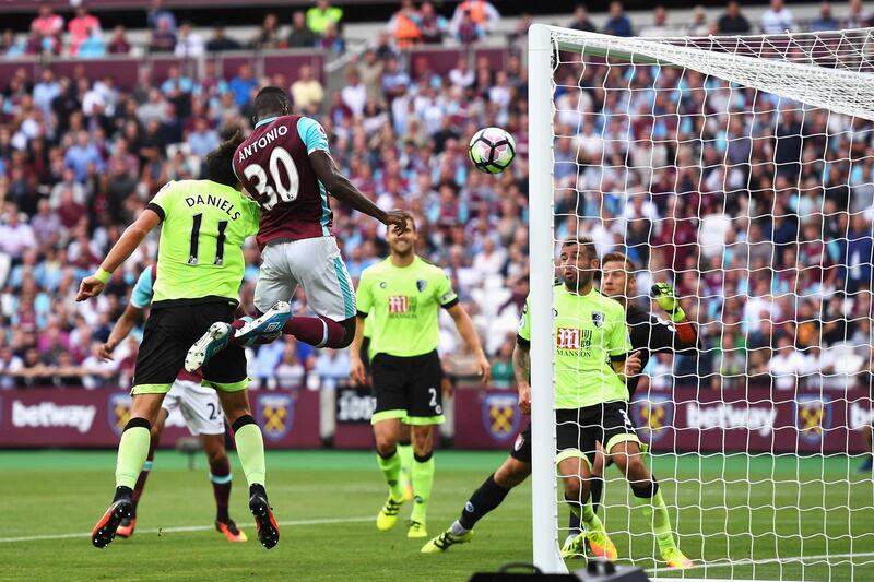 LONDON, ENGLAND - AUGUST 21: Michail Antonio of West Ham United heads the opening goal during the Premier League match between West Ham United and AFC Bournemouth at London Stadium on August 21, 2016 in London, England.  (Photo by Michael Regan/Getty Images)