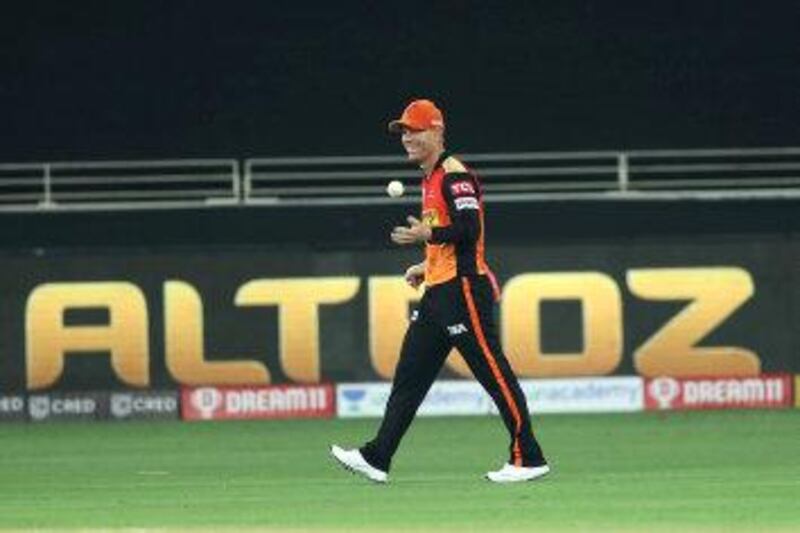 David Warner of Sunrisers Hyderabad during match 3 of season 13 of the Dream 11 Indian Premier League (IPL) between Sunrisers Hyderabad and Royal Challengers Bangalore held at the Dubai International Cricket Stadium, Dubai in the United Arab Emirates on the 21st September 2020.  Photo by: Ron Gaunt  / Sportzpics for BCCI