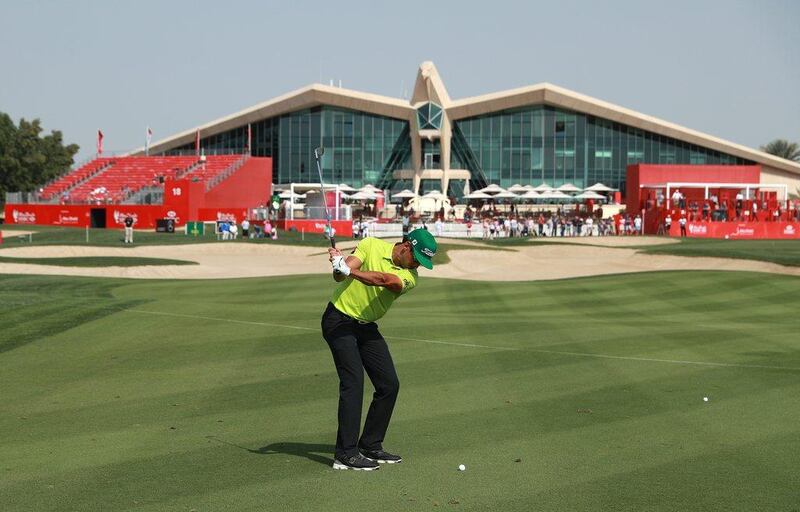 Rafa Cabrera Bello of Spain plays his second shot on the 9th hole at the Abu Dhabi Golf Club on January 20, 2017, during second-round play of the Abu Dhabi HSBC Championship. Scott Halleran / Getty Images