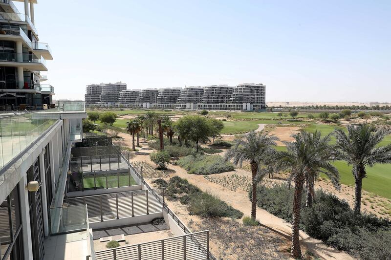 DUBAI, UNITED ARAB EMIRATES , October 26– 2020 :- View of the apartment towers at the DAMAC Hills in Dubai. (Pawan Singh / The National) For News/Online/Stock. Story by Nick Webster 