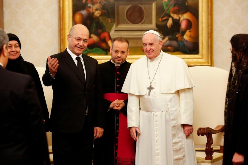 Pope Francis receiving the President of the Republic of Iraq Barham Salih during a private audience at the Vatican, 25 January 2020.  AFP