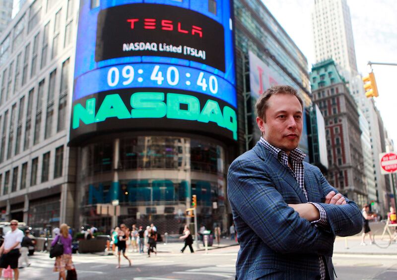 Mr Musk during a television interview after Tesla's initial public offering at the Nasdaq market in New York, in 2010. Reuters