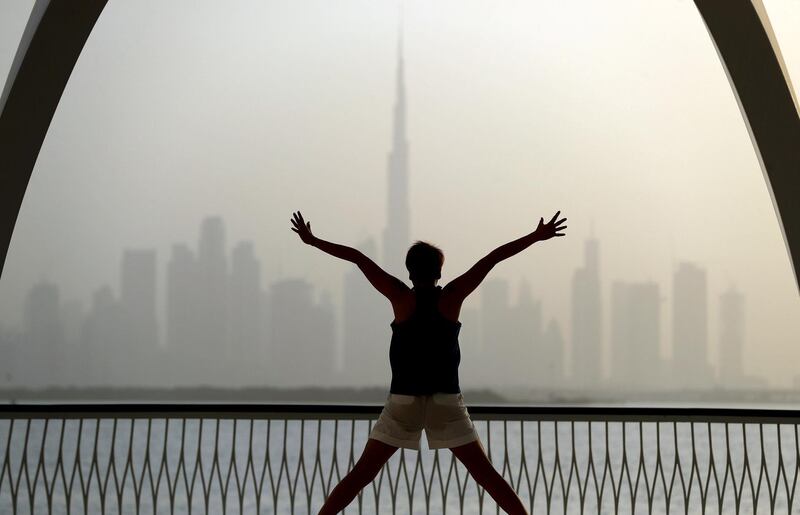 Visitors to Dubai Creek Harbour enjoy the sunset on the longest day of the year in Dubai on June 21st, 2021. Chris Whiteoak / The National. 
Reporter: N/A for News