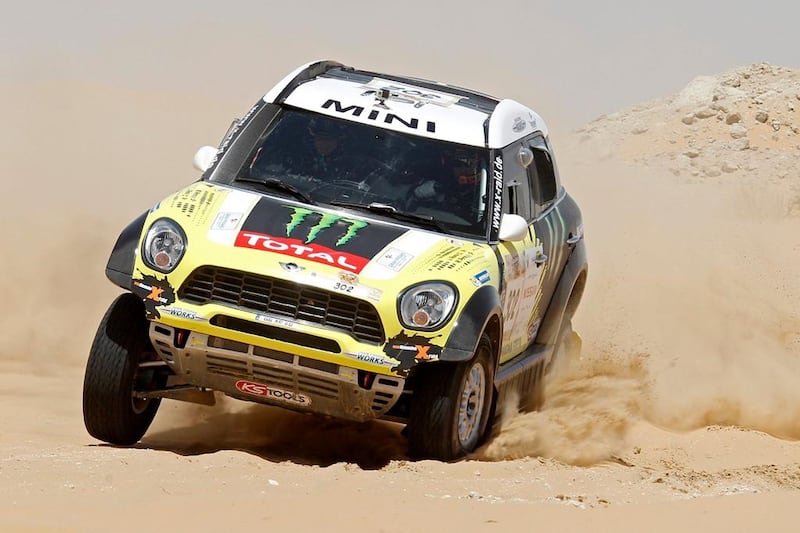 Nani Roma and his Mini leads the car division of the Abu Dhabi Desert Challenge after Stage 1 on April 6 2014. Courtesy Abu Dhabi Desert Challenge