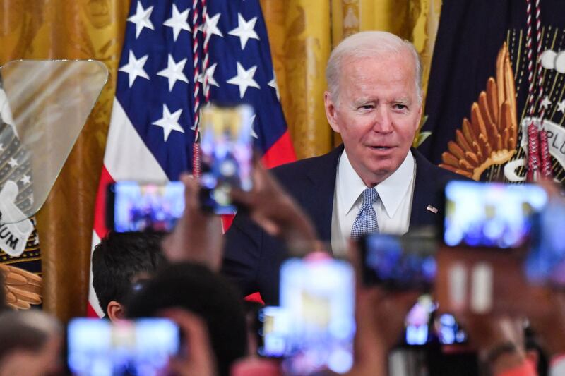 US President Joe Biden speaks during an Eid al-Fitr reception in the East Room of the White House. AFP