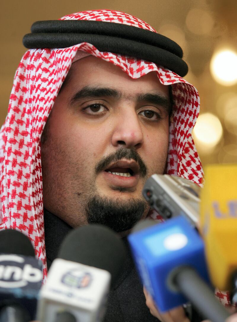 Saudi King Fahd's son, Prince Abdulaziz, talks to reporters after offering his condolences to the family of Lebanon's slain former prime minister Rafiq Hariri in Beirut 18 February 2005. Calls mounted for the resignation of the Damascus-backed Lebanese regime amid international pressure to catch Hariri's killers and stark US warnings to Syria to end its domination of its smaller neighbor. The five-time prime minister was killed along with 14 other people in a huge explosion in the heart of the Lebanese capital 14 February. AFP PHOTO/JOSEPH BARRAK / AFP PHOTO / JOSEPH BARRAK