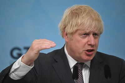 CARBIS BAY, CORNWALL - JUNE 13:  British Prime Minister Boris Johnson takes part in a press conference on the final day of the G7 summit in Carbis Bay on June 13, 2021 in Cornwall, United Kingdom. UK Prime Minister, Boris Johnson, hosts leaders from the USA, Japan, Germany, France, Italy and Canada at the G7 Summit. This year the UK has invited India, South Africa, and South Korea to attend the Leaders' Summit as guest countries as well as the EU. (Photo by Ben Stansall - WPA Pool/Getty Images)