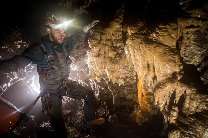 Cave diver Toufic Abou Nader in the Krubera cave network. Photo courtesy of Gergely Ambrus / Inverse Everest​