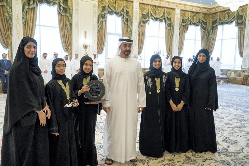 ABU DHABI, UNITED ARAB EMIRATES - October 09, 2017: HH Sheikh Mohamed bin Zayed Al Nahyan, Crown Prince of Abu Dhabi and Deputy Supreme Commander of the UAE Armed Forces (4th R), stands for a photograph with the Desert Force team members, who have participated in the 'F1 in Schools World Finals Malaysia 2017', during a Sea Palace barza.

( Rashed Al Mansoori / Crown Prince Court - Abu Dhabi )
---