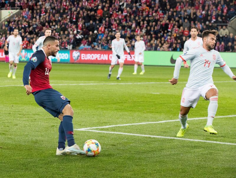 Norway's Omar Elabdellaoui, (L) fights for the ball against Spain's Juan Bernat during the UEFA Euro 2020 qualifying Group F soccer match between Norway and Spain at Ullevaal Stadium in Oslo, Norway.  EPA